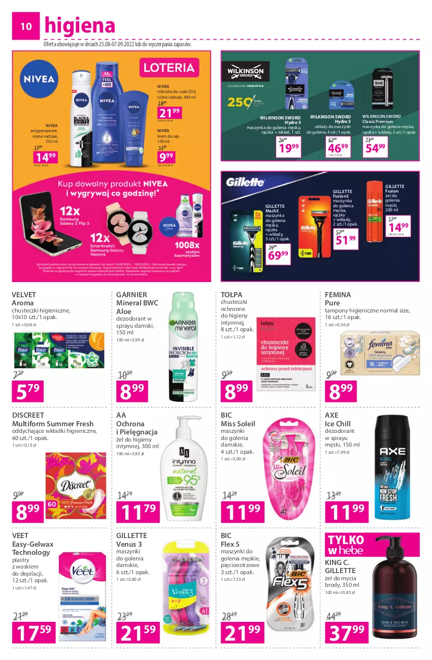 Gazetka promocyjna Hebe - Gazetka - ważna 25.08 do 07.09.2022 - strona 10 - produkty: Antyperspirant, BIC, Chusteczki, Dezodorant, Discreet, Fusion, Garnier, Gillette, Gillette Venus, Krem do rąk, Mach3, Maszynka, Maszynka do golenia, Mleczko, Mleczko do ciała, Nivea, Pur, Szynka, Tampony, Tołpa, Veet, Velvet, Venus, Wilkinson Sword, Wkładki