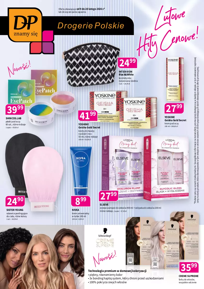 Gazetka promocyjna Drogerie Polskie - Gazetka - ważna 09.02 do 28.02.2026 - strona 1 - produkty: Elseve, Fa, Kosmetyczka, Krem pod oczy, Krem uniwersalny, Lack, Nivea, Odżywka, Peeling, Rękawice, Szampon, Yoskine