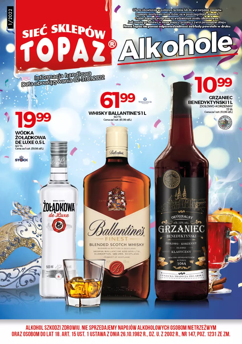 Gazetka promocyjna Topaz - Gazetka - ważna 01.01 do 31.01.2022 - strona 1 - produkty: Ballantine's, Top, Whisky, Wódka