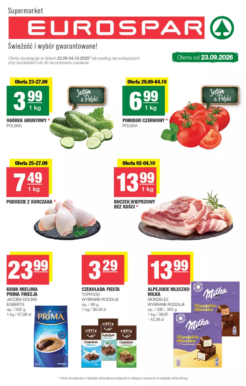 Gazetka promocyjna Spar - EuroSpar - ważna 23.09 do 04.10.2026 - strona 1 - produkty: Boczek, Boczek wieprzowy, Czekolada, Grunt, Jacobs, Kawa, Kawa mielona, Kurczak, Milka, Mleczko, Ogórek, Podudzie z kurczaka, Prima, Top