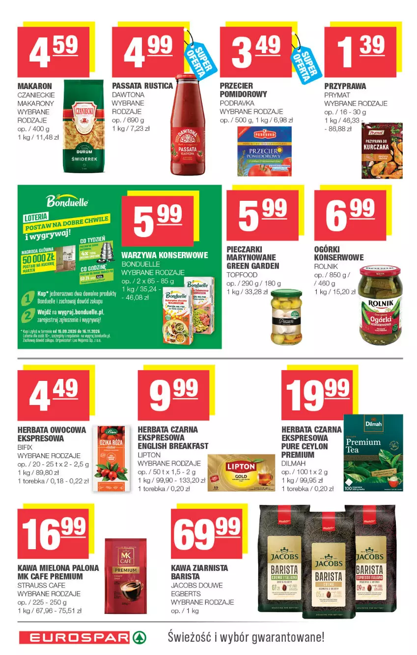 Gazetka promocyjna Spar - EuroSpar - ważna 23.09 do 04.10.2026 - strona 10 - produkty: Bonduelle, Dawtona, Dilmah, Dorsz, Fa, Gra, Gry, Herbata, Herbata czarna, Herbata owocowa, Jacobs, Kawa, Kawa mielona, Kawa ziarnista, Kurczak, Lipton, Makaron, Piec, Podravka, Prymat, Pur, Rolnik, Rum, Rust, Ser, Top, Torebka, Warzywa, Warzywa konserwowe