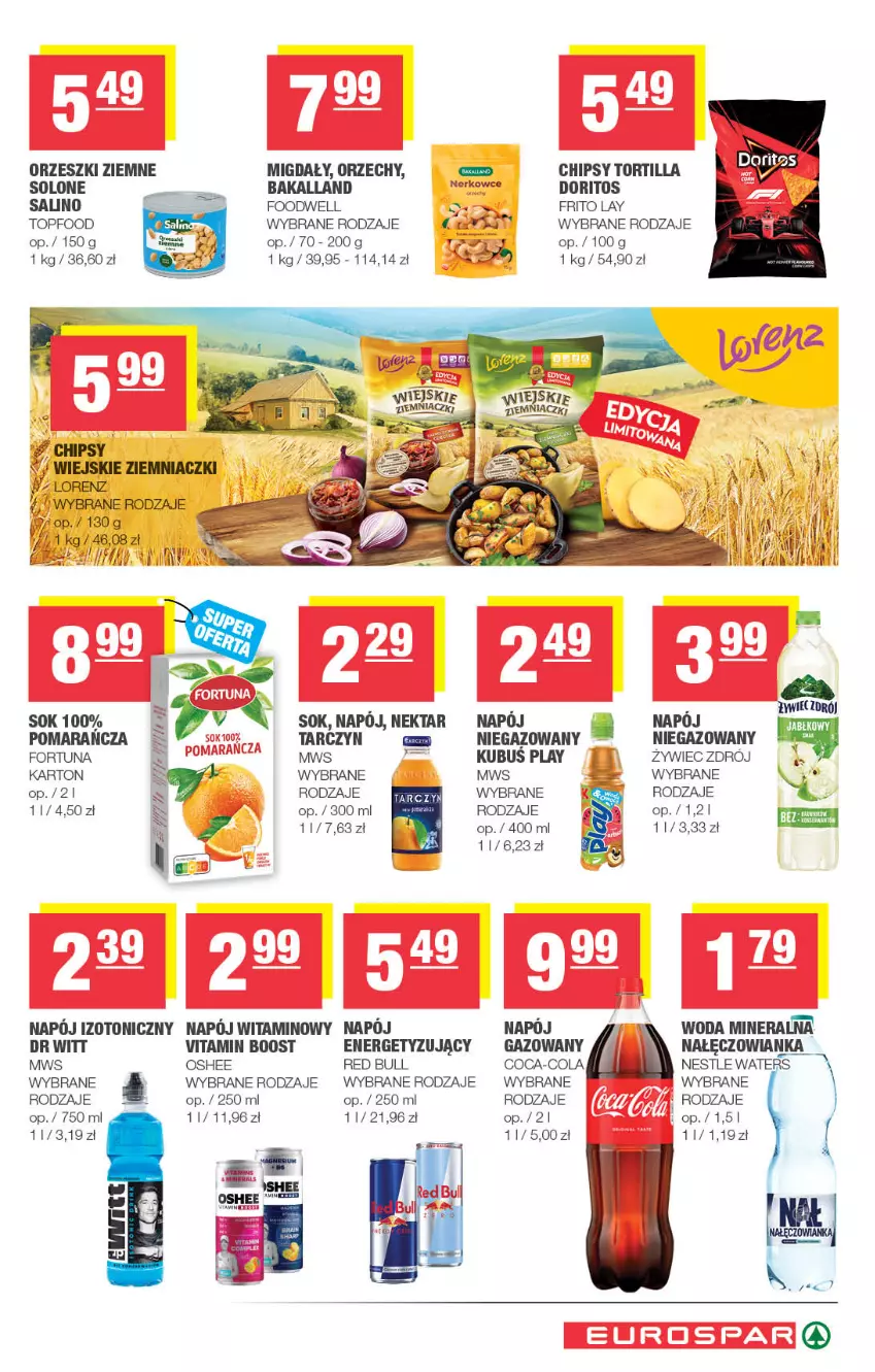Gazetka promocyjna Spar - EuroSpar - ważna 23.09 do 04.10.2026 - strona 13 - produkty: Bakalland, Chipsy, Fa, Fortuna, Kubuś, Lorenz, Migdały, Nałęczowianka, Napój, Napój izotoniczny, Nektar, Orzeszki, Orzeszki ziemne, Oshee, Red Bull, Sok, Top, Tortilla, Woda, Woda mineralna