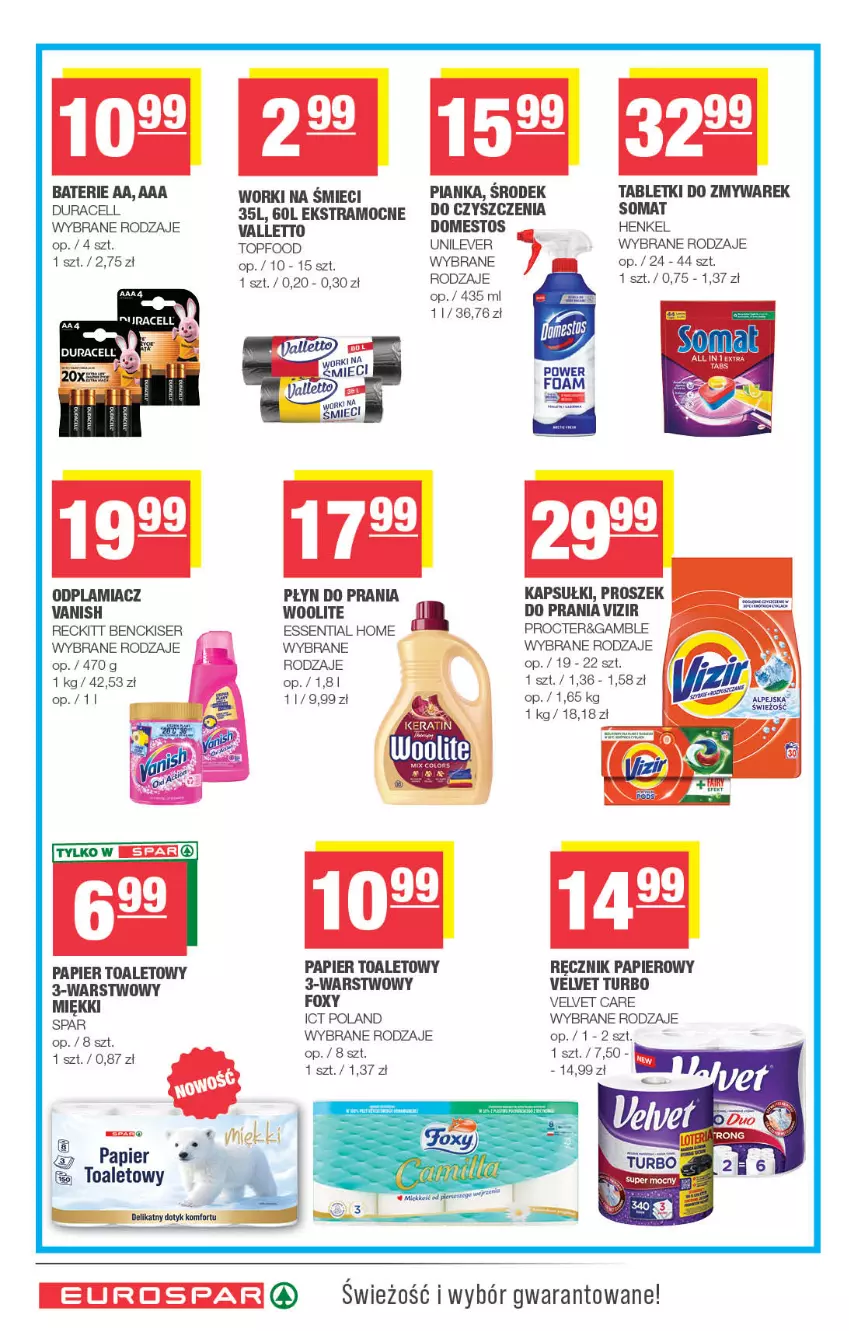 Gazetka promocyjna Spar - EuroSpar - ważna 23.09 do 04.10.2026 - strona 14 - produkty: Domestos, Duracell, Foxy, Odplamiacz, Papier, Papier toaletowy, Płyn do prania, Ręcznik, Ser, Somat, Tablet, Tera, Top, Vanish, Velvet, Vizir, Woolite, Worki na śmiec, Worki na śmieci