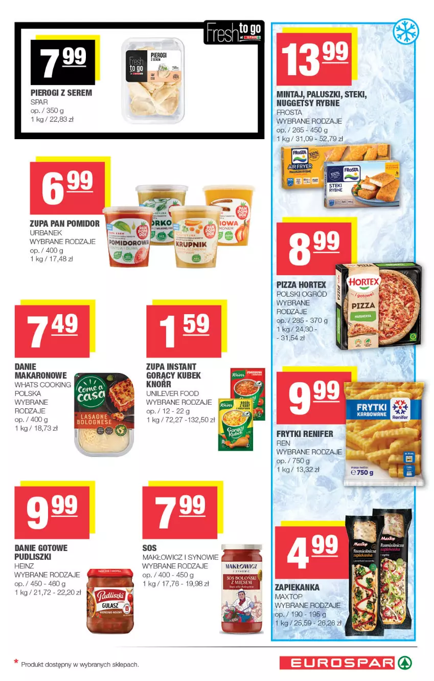 Gazetka promocyjna Spar - EuroSpar - ważna 23.09 do 04.10.2026 - strona 9 - produkty: Danie gotowe, Frosta, Frytki, Heinz, Hortex, Knorr, Kubek, Makaron, Mintaj, Ogród, Pierogi, Pizza, Pudliszki, Renifer, Ser, Sos, Stek, Top, Zapiekanka, Zupa