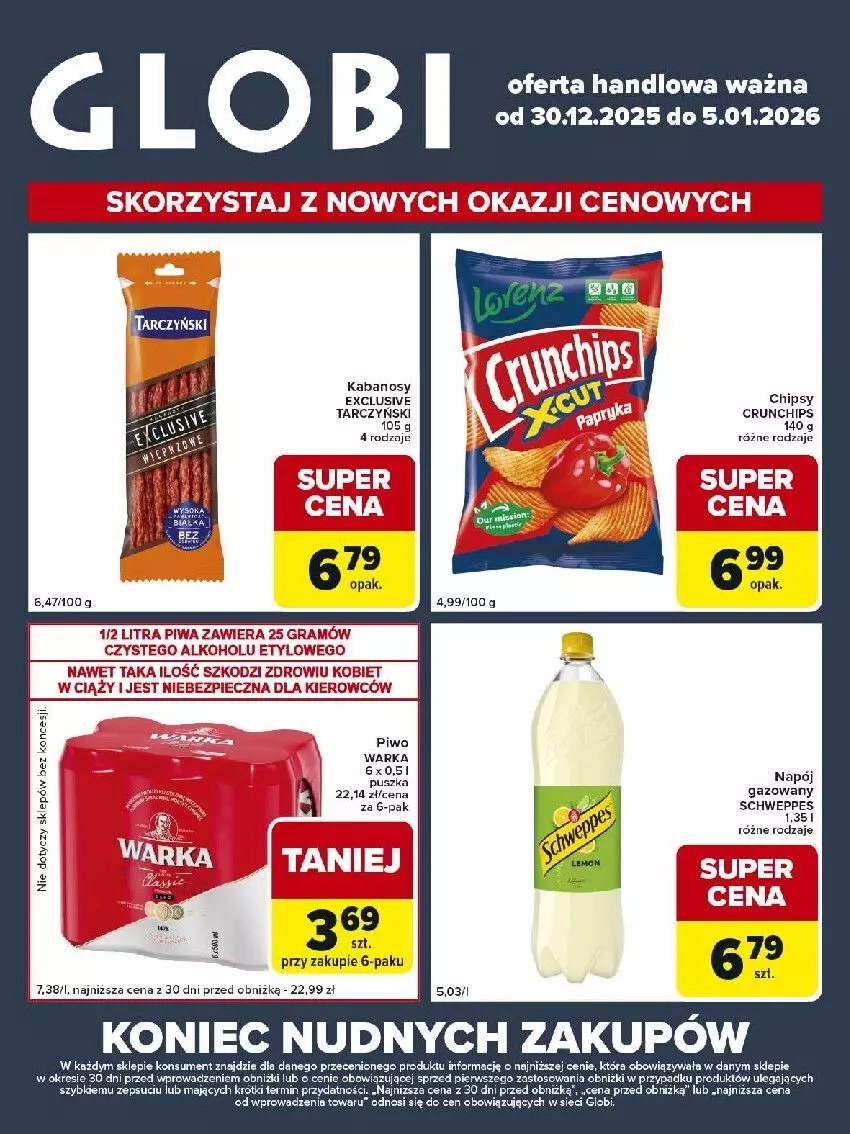 Gazetka promocyjna Carrefour - Gazetka Globi - ważna 30.12.2025 do 05.01.2026 - strona 1 - produkty: Chipsy, Crunchips, Gra, Kabanos, Piec, Piwa