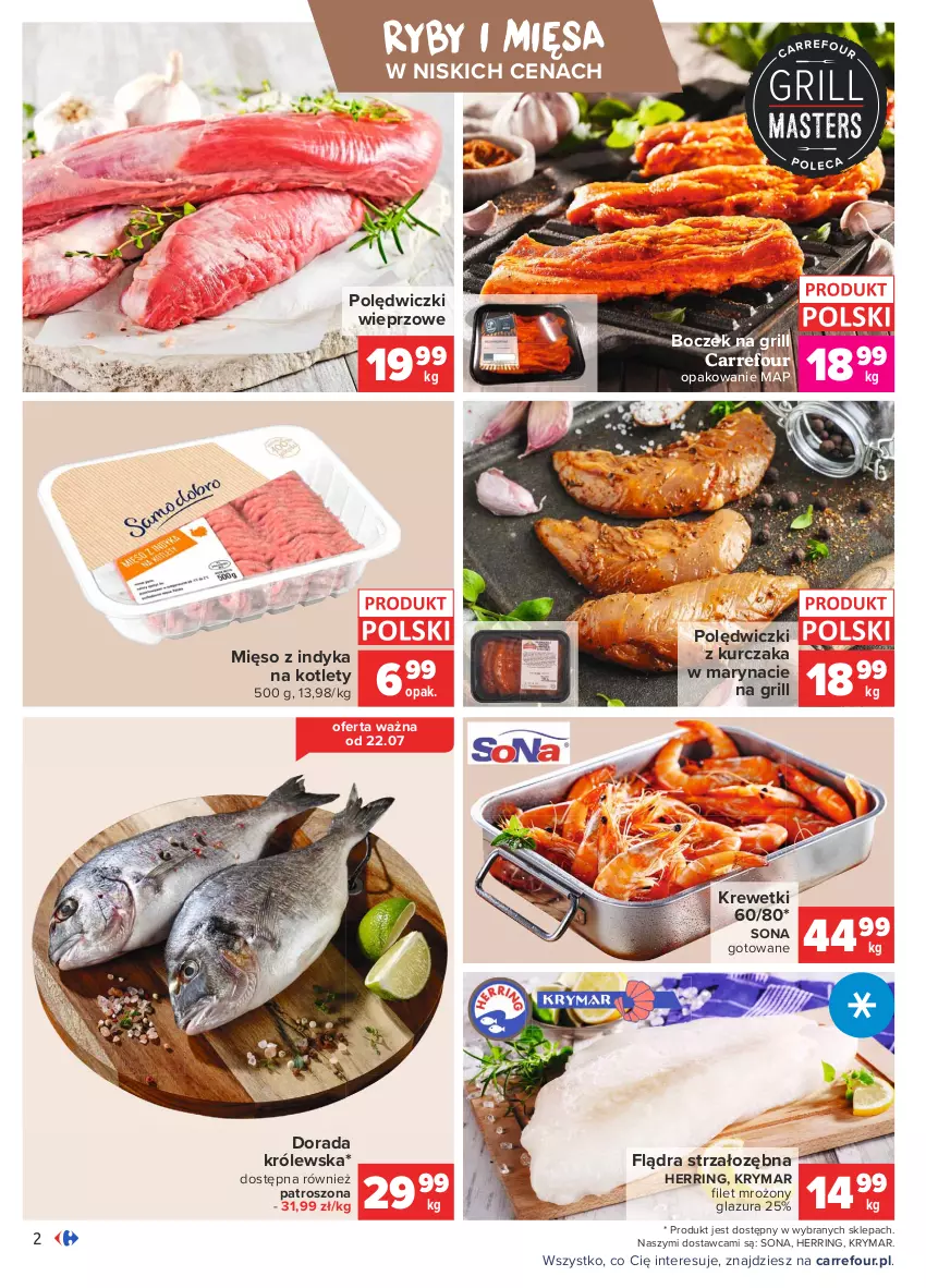 Gazetka promocyjna Carrefour - Gazetka Targ Świeżości - ważna 19.07 do 26.07.2021 - strona 2 - produkty: Boczek, Glazura, Grill, Kotlet, Krewetki, Kurczak, Lazur, Mięso, Mięso z indyka, Polędwiczki z kurczaka