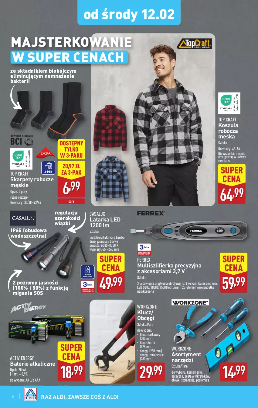 Gazetka promocyjna Aldi - Artykuły przemysłowe i tekstylia - ważna 12.02 do 15.02.2025 - strona 6 - produkty: Bateria, Baterie alkaliczne, Karp, Kosz, Koszula, Latarka, Latarka LED, Poziomica, Pudełko, Sos, Szczypce, Szlifierka, Tarka, Top, Wkręt, Zestaw wkrętaków