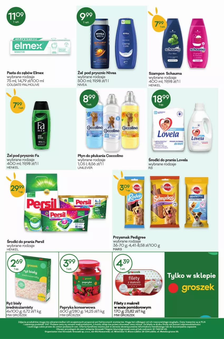 Gazetka promocyjna Groszek - ważna 14.04 do 26.04.2022 - strona 12 - produkty: Biuro, Coccolino, Colgate, Elmex, Fa, Groszek, LG, Lovela, Mars, Nivea, Palmolive, Papryka, Pasta do zębów, Pedigree, Persil, Płyn do płukania, Por, Proszek do prania, Schauma, Ser, Sos, Szampon