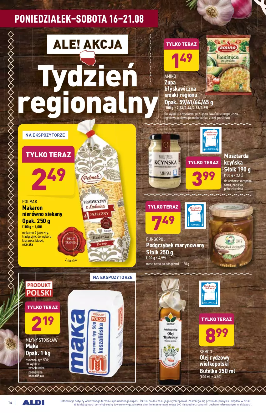 Gazetka promocyjna Aldi - SUPER SMACZNE OKAZJE - ważna 16.08 do 21.08.2021 - strona 14 - produkty: Kosz, Mąka, Makaron, Mus, Musztarda, Olej, Olma, Szal, Tera, Zupa