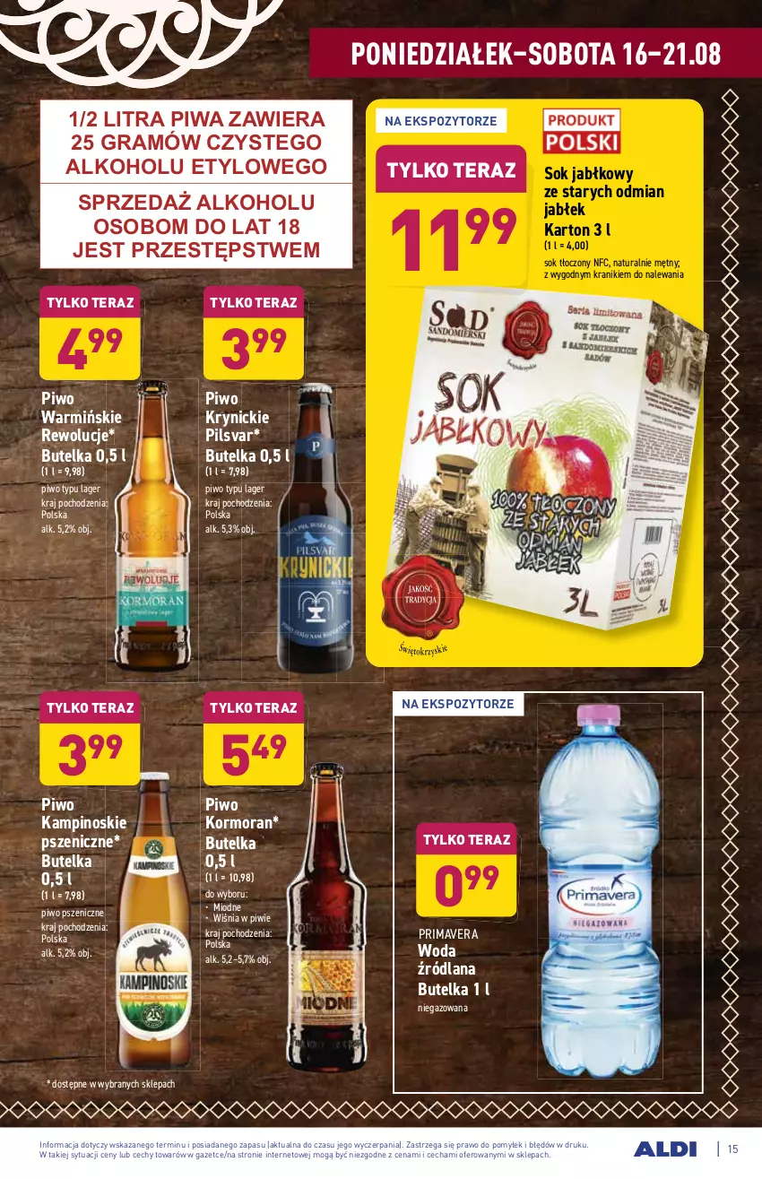 Gazetka promocyjna Aldi - SUPER SMACZNE OKAZJE - ważna 16.08 do 21.08.2021 - strona 15 - produkty: Gra, LANA, Piwa, Piwo, Prima, Primavera, Sok, Sok jabłkowy, Tera, Woda