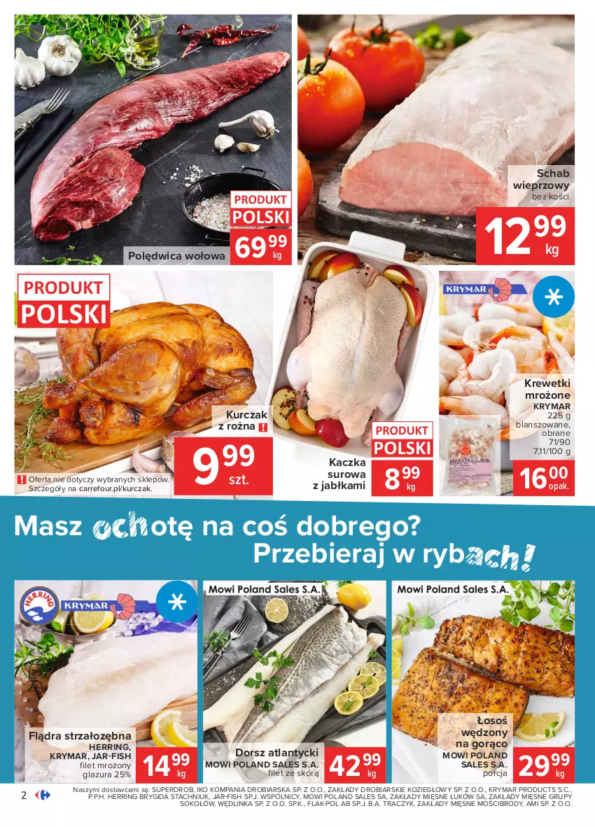 Gazetka promocyjna Carrefour - Gazetka Carrefour - ważna 18.01 do 25.01.2021 - strona 2 - produkty: Dorsz, Glazura, Inka, Jabłka, Kaczka, Krewetki, Kurczak, Lazur, Polędwica, Polędwica wołowa, Por, Schab wieprzowy, Sok, Sokołów