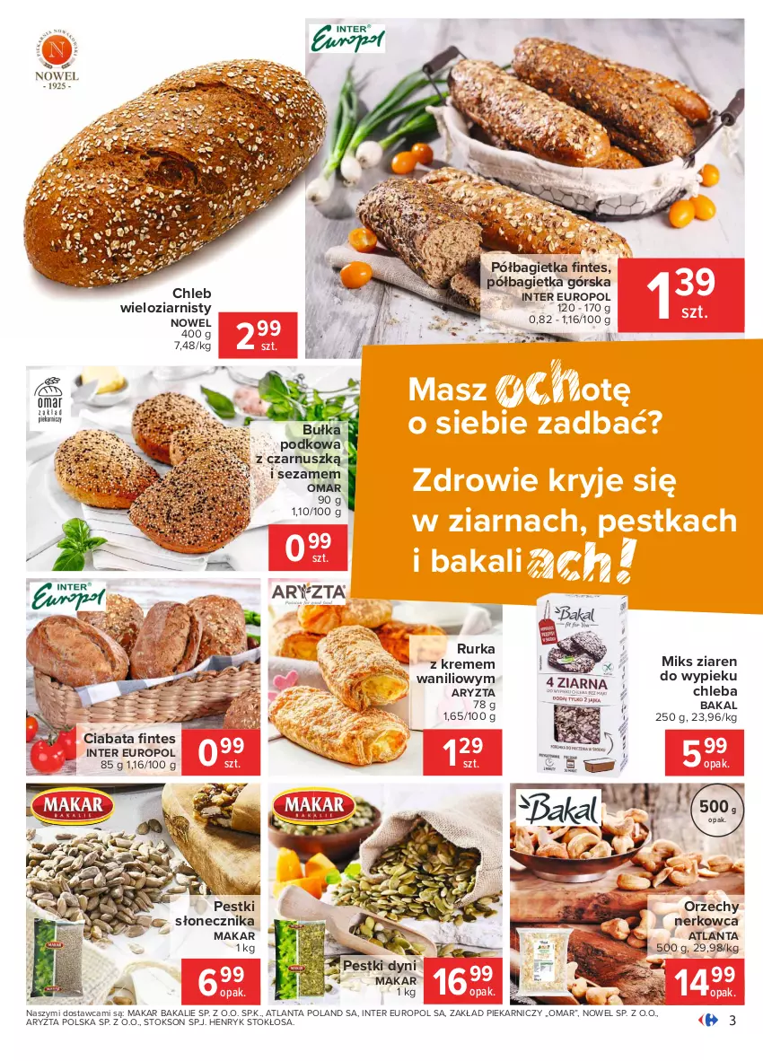 Gazetka promocyjna Carrefour - Gazetka Carrefour - ważna 18.01 do 25.01.2021 - strona 3 - produkty: Bagietka, Bułka, Chleb, Chleb wieloziarnisty, Pestki dyni, Półbagietka, Sezam, Zdrowie