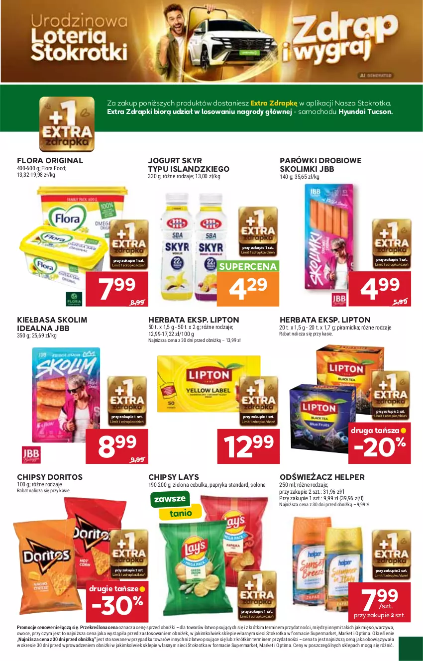 Gazetka promocyjna Stokrotka - Supermarket - ważna 15.10 do 21.10.2026 - strona 15 - produkty: Chipsy, Flora, Gin, Herbata, Isla, Jogurt, Kiełbasa, Lay’s, Lipton, Mięso, Optima, Owoce, Papryka, Parówki, Warzywa