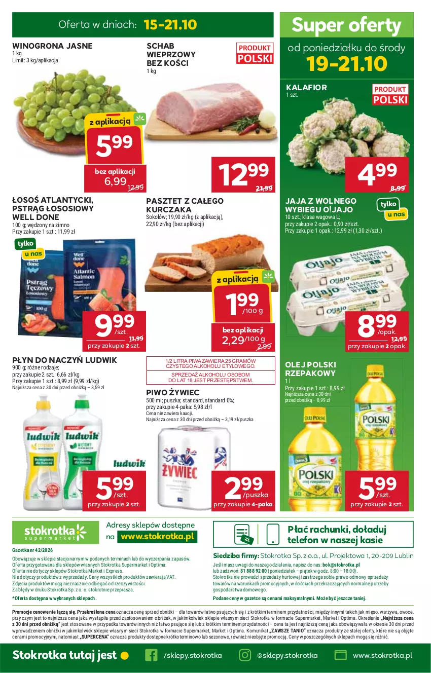 Gazetka promocyjna Stokrotka - Supermarket - ważna 15.10 do 21.10.2026 - strona 47 - produkty: Dres, Gra, Jaja, Jaja z wolnego wybiegu, Kalafior, Kurczak, Ludwik, Mięso, O nas, Olej, Optima, Owoce, Pasztet, Piwa, Piwo, Pstrąg, Pstrąg łososiowy, Schab wieprzowy, Sok, Sokołów, Sos, Telefon, Wagi, Warzywa, Wino, Winogrona