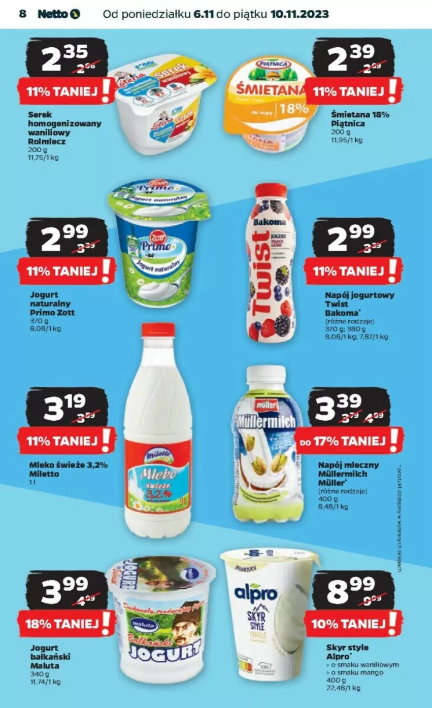 Gazetka promocyjna Netto - ważna 06.11 do 10.11.2023 - strona 27 - produkty: Alpro, Bakoma, Jogurt, Mango, Miecz, Mleko, Napój, Napój jogurtowy, Napój mleczny, Piątnica, Zott