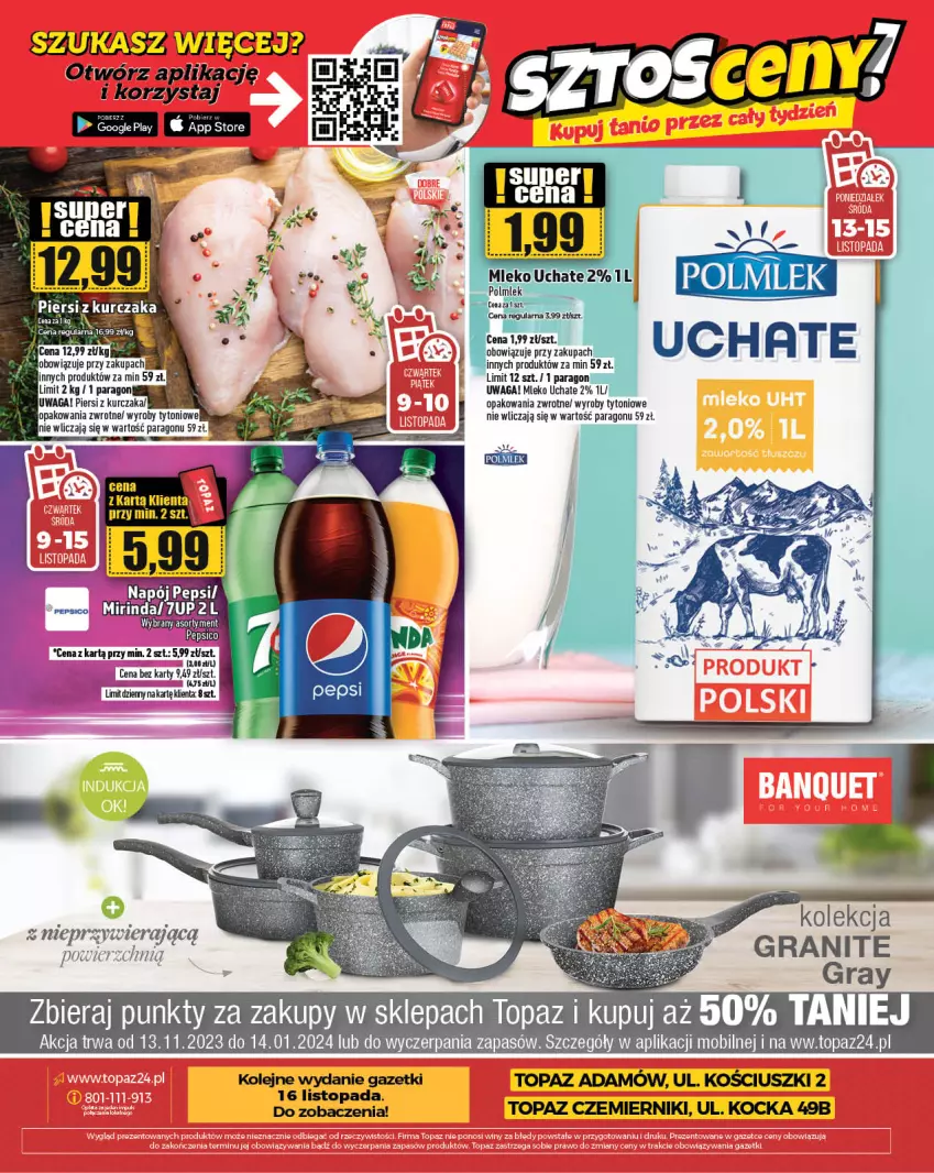 Gazetka promocyjna Topaz - Gazetka - ważna 09.11 do 15.11.2023 - strona 26 - produkty: 7up, Gra, Koc, Kurczak, Mirinda, Mleko, Mobil, Napój, Pepsi, Top, Waga