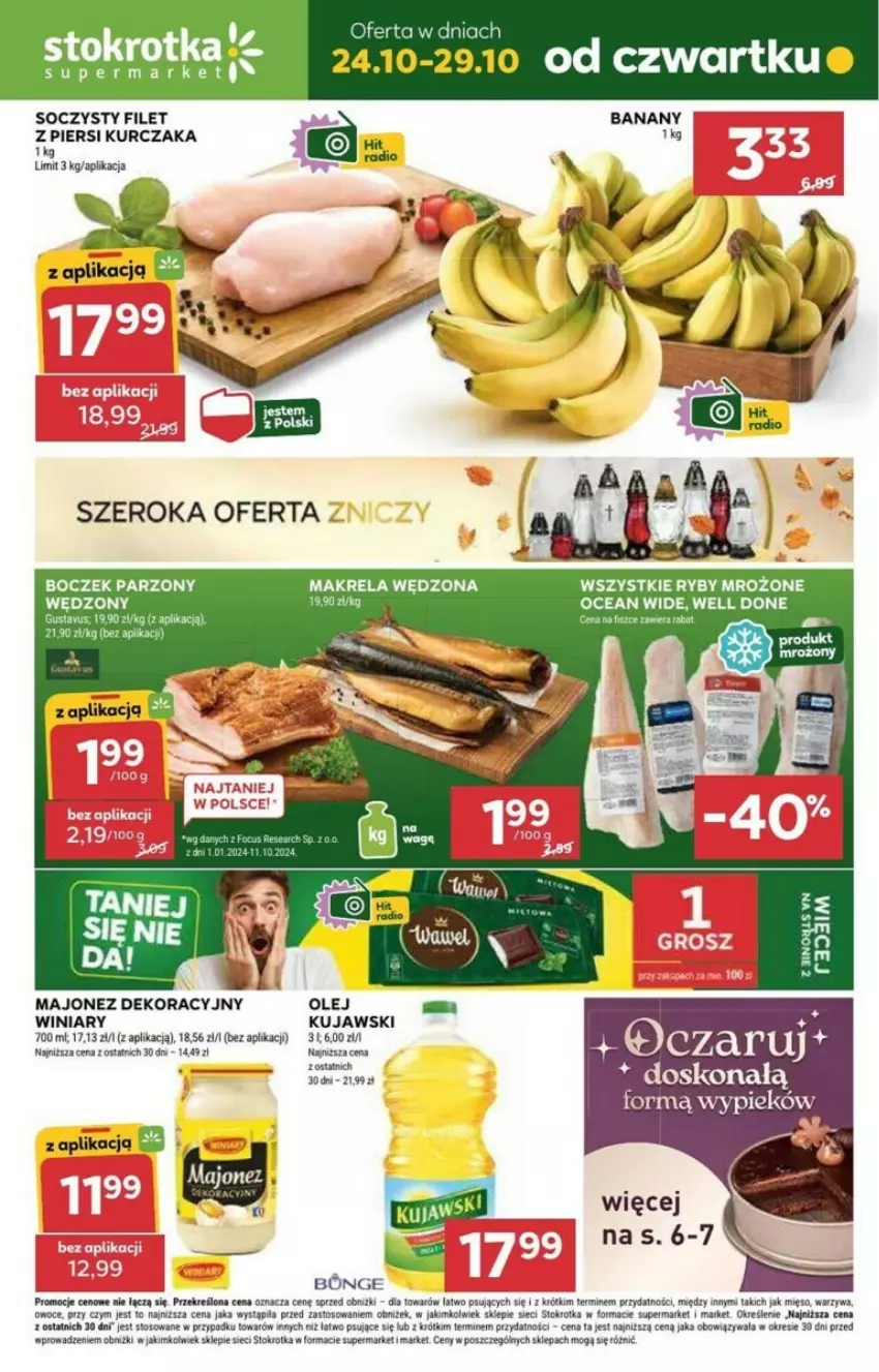 Gazetka promocyjna Stokrotka - ważna 24.10 do 30.10.2024 - strona 1 - produkty: Banany, Boczek, Filet z piersi kurczaka, Kujawski, Kurczak, Majonez, Mięso, Olej, Owoce, Warzywa, Winiary