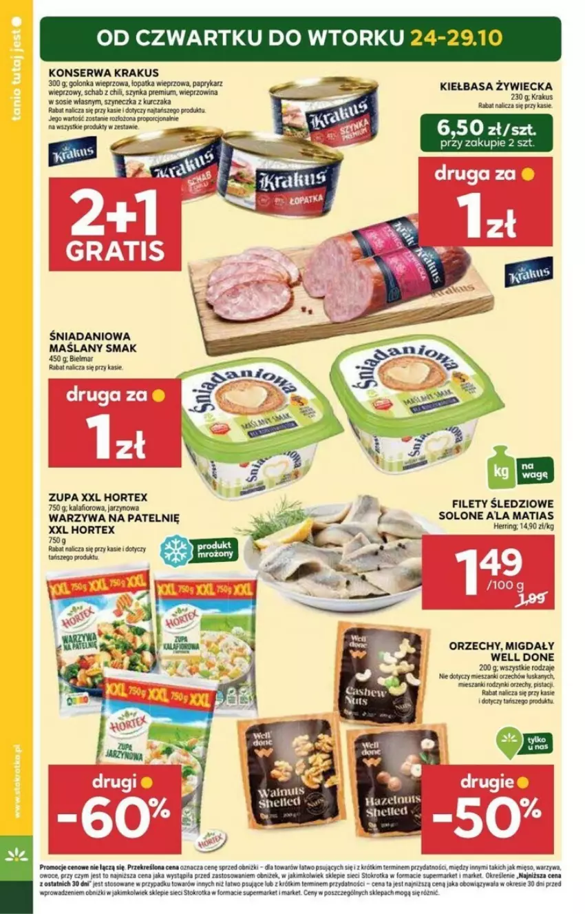 Gazetka promocyjna Stokrotka - ważna 24.10 do 30.10.2024 - strona 32 - produkty: Danio, Golonka wieprzowa, Hortex, Kalafior, Kiełbasa, Krakus, Kurczak, Mięso, Migdały, Owoce, Papryka, Paprykarz, Por, Rodzynki, Ser, Sos, Szynka, Szynka premium, Warzywa, Wieprzowina, Zupa