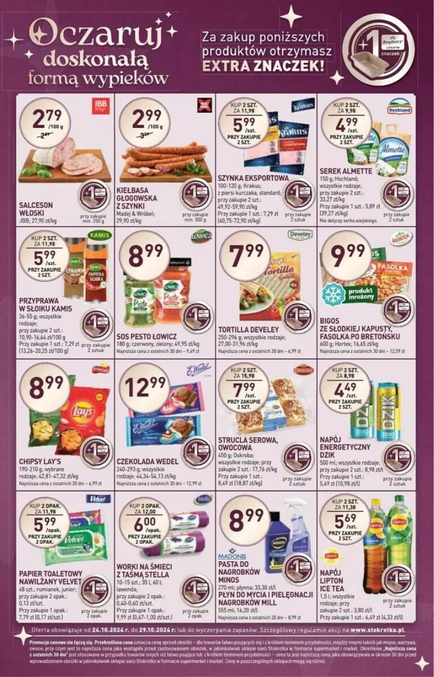 Gazetka promocyjna Stokrotka - ważna 24.10 do 30.10.2024 - strona 36 - produkty: Almette, Chipsy, Fa, Hochland, Hortex, Ice tea, Kamis, Kiełbasa, Kiełbasa głogowska, Krakus, Kurczak, Lipton, Napój, Napój energetyczny, Papier, Papier toaletowy, Pesto, Płyn do mycia, Por, Rum, Salceson, Ser, Serek, Sport, Strucla, Szynka, Tortilla, Worki na śmiec, Worki na śmieci