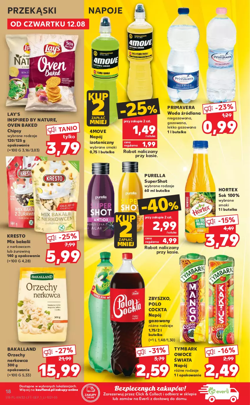 Gazetka promocyjna Kaufland - OFERTA TYGODNIA - ważna 12.08 do 18.08.2021 - strona 18 - produkty: Bakalland, Chipsy, Hortex, LANA, Napój, Napój gazowany, Napój izotoniczny, Napoje, Owoce, Piec, Prima, Primavera, Pur, Sok, Tymbark, Woda