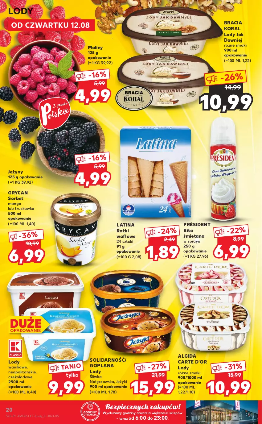 Gazetka promocyjna Kaufland - OFERTA TYGODNIA - ważna 12.08 do 18.08.2021 - strona 20 - produkty: Algida, Carte d'Or, Goplana, Gry, Jeżyki, Jeżyny, LANA, LG, Lody, Maliny, Mango, Piec, Président, Tera