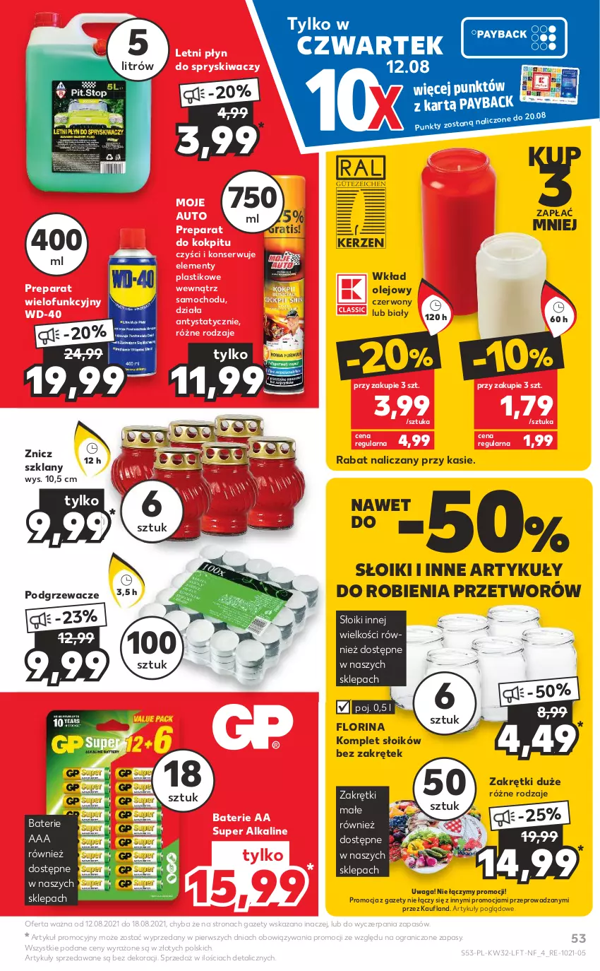 Gazetka promocyjna Kaufland - OFERTA TYGODNIA - ważna 12.08 do 18.08.2021 - strona 53 - produkty: Gra, Moje Auto, Olej, Płyn do spryskiwaczy, Podgrzewacze, Ser, Waga, WD-40, Wkład olejowy, Znicz