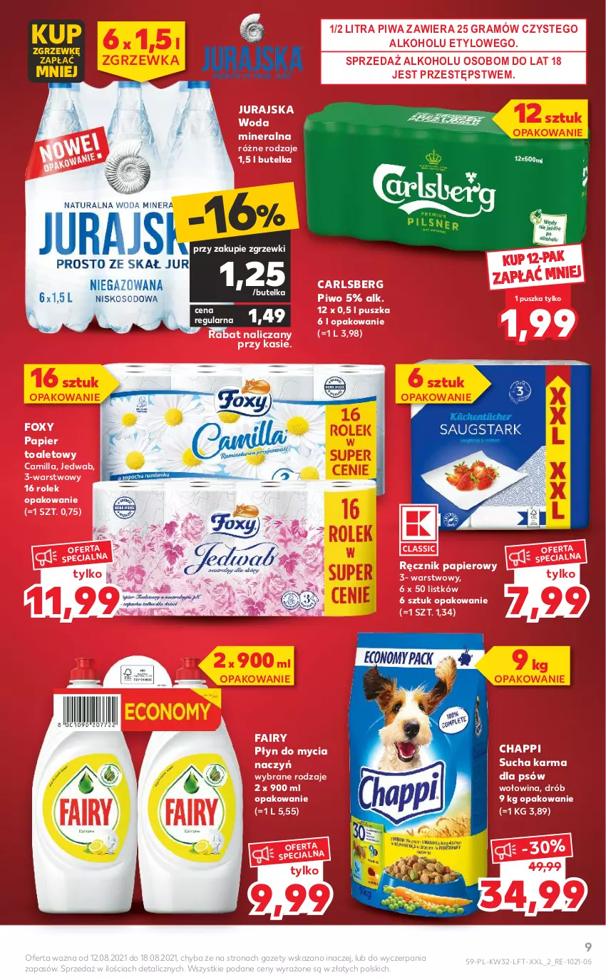 Gazetka promocyjna Kaufland - OFERTA TYGODNIA - ważna 12.08 do 18.08.2021 - strona 9 - produkty: Carlsberg, Chappi, Do mycia naczyń, Drób, Fa, Fairy, Foxy, Gra, Papier, Papier toaletowy, Piwa, Piwo, Płyn do mycia, Płyn do mycia naczyń, Ręcznik, Sucha karma, Woda, Woda mineralna, Wołowina