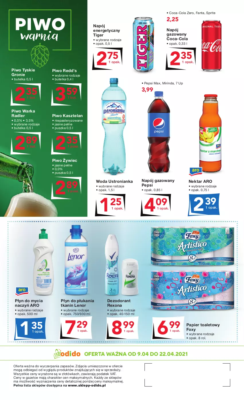 Gazetka promocyjna Odido - CENOWE HITY kwietnia! - ważna 09.04 do 22.04.2021 - strona 4 - produkty: Coca-Cola, Dezodorant, Do mycia naczyń, Fa, Fanta, Foxy, Kasztelan, Lenor, Mirinda, Napój, Napój energetyczny, Napój gazowany, Nektar, Papier, Papier toaletowy, Pepsi, Pepsi max, Piwo, Płyn do mycia, Płyn do mycia naczyń, Płyn do płukania, Radler, Rexona, Sprite, Tiger, Tyskie, Warka, Woda