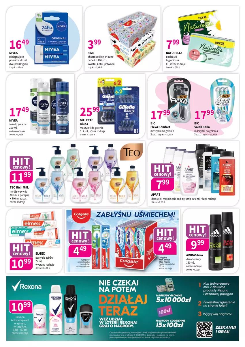 Gazetka promocyjna Drogerie Polskie - Gazetka - ważna 07.03 do 31.03.2025 - strona 7 - produkty: Adidas, Bell, Bella, BIC, Chusteczki, Dezodorant, Elmex, Gillette, Gin, Naturell, Naturella, Nivea, Podpaski, Pudełko