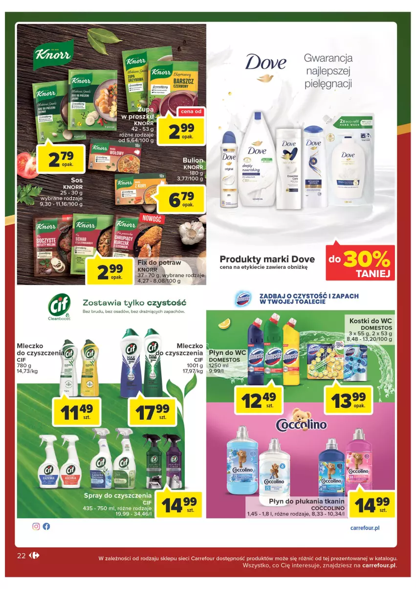 Gazetka promocyjna Carrefour - Gazetke Carrefour - ważna 12.12 do 18.12.2022 - strona 22 - produkty: Cif, Coccolino, Domestos, Dove, Gin, Knorr, Mleczko, Płyn do płukania, Płyn do wc