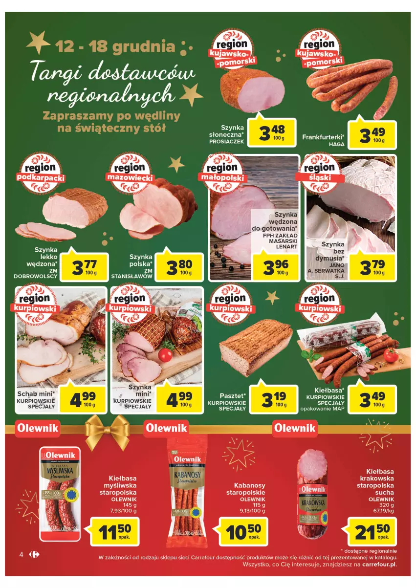 Gazetka promocyjna Carrefour - Gazetke Carrefour - ważna 12.12 do 18.12.2022 - strona 4 - produkty: Frankfurterki, Kabanos, Kiełbasa, Kiełbasa krakowska, Mus, Olewnik, Pasztet, Ser, Szynka