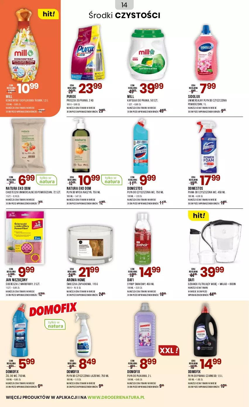 Gazetka promocyjna Drogerie Natura - Gazetka Drogerie Natura - ważna 03.10 do 22.10.2025 - strona 14 - produkty: Chusteczki, Do mycia naczyń, Domestos, Dzbanek, Dzbanek filtrujący, Jan Niezbędny, Kapsułki do prania, Płyn do czyszczenia wc, Płyn do mycia, Płyn do mycia naczyń, Płyn do płukania, Płyn do prania, Proszek do prania, Pur, Sidolux, Syrop