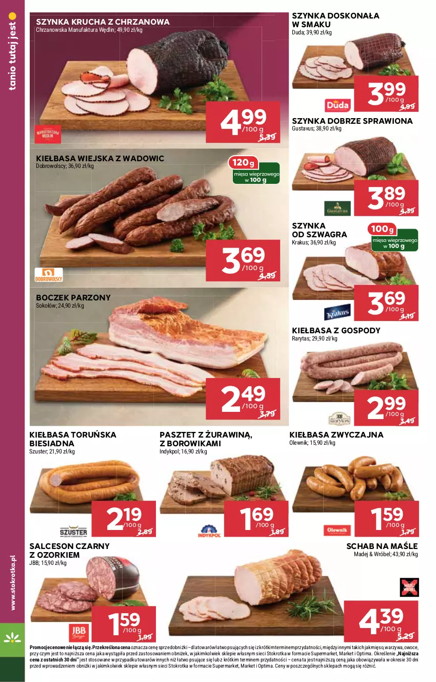 Gazetka promocyjna Stokrotka - Supermarket - ważna 29.01 do 04.02.2026 - strona 10 - produkty: Boczek, Chrzan, Duda, Fa, Gra, Kiełbasa, Kiełbasa wiejska, Krakus, Mięso, Olewnik, Optima, Owoce, Pasztet, Salceson, Sok, Sokołów, Szynka, Warzywa