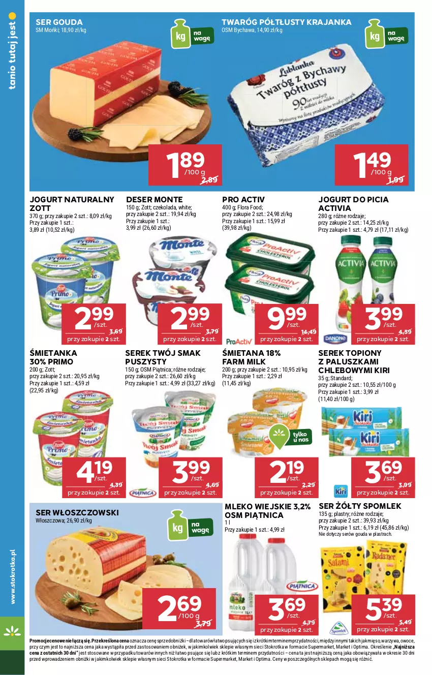 Gazetka promocyjna Stokrotka - Supermarket - ważna 29.01 do 04.02.2026 - strona 12 - produkty: Activia, Chleb, Czekolada, Deser, Fa, Farm Milk, Flora, Gouda, Jogurt, Jogurt naturalny, Mięso, Mleko, Monte, Optima, Owoce, Piątnica, Ser, Serek, Top, Twaróg, Twaróg półtłusty, Twój Smak, Warzywa, Włoszczowski, Zott