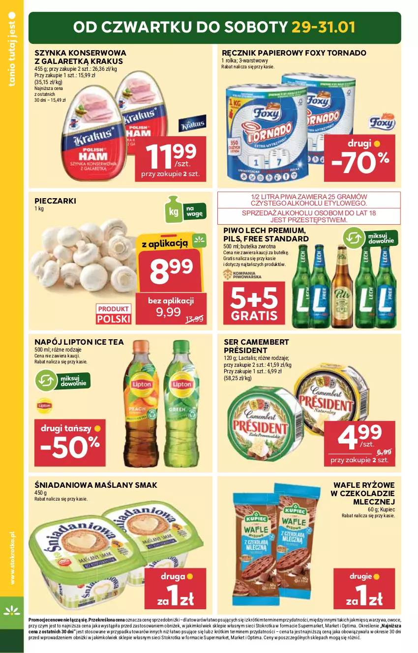 Gazetka promocyjna Stokrotka - Supermarket - ważna 29.01 do 04.02.2026 - strona 2 - produkty: Camembert, Danio, Foxy, Gala, Gra, Ice tea, Krakus, Kupiec, Lech Premium, Lipton, Mięso, Napój, Optima, Owoce, Papier, Piec, Piwa, Piwo, Président, Ręcznik, Ryż, Ser, Szynka, Szynka konserwowa, Wafle, Warzywa