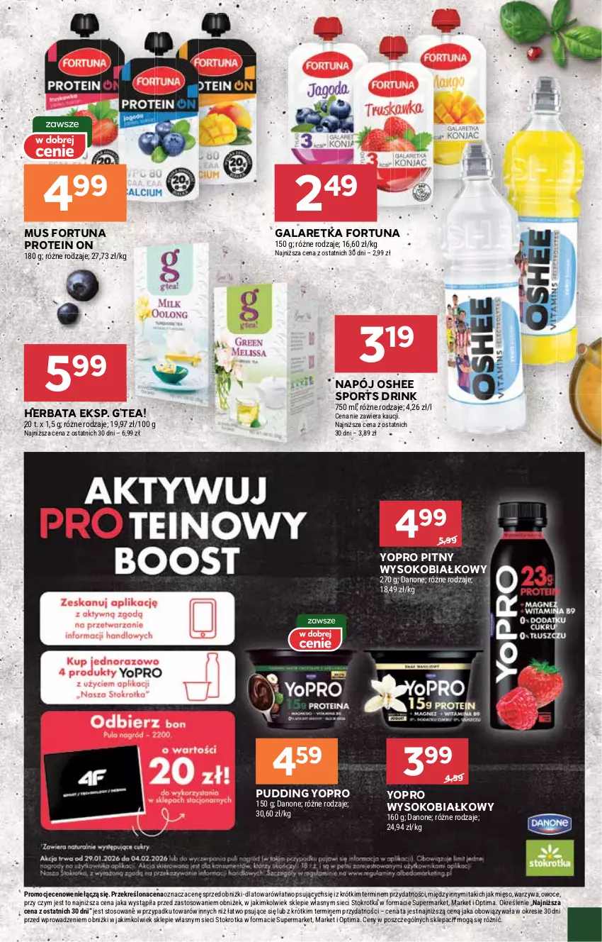 Gazetka promocyjna Stokrotka - Supermarket - ważna 29.01 do 04.02.2026 - strona 24 - produkty: Danone, Fortuna, Gala, Galaretka, Herbata, Mięso, Mus, Napój, Optima, Oshee, Owoce, Por, Pudding, Sok, Sport, Warzywa