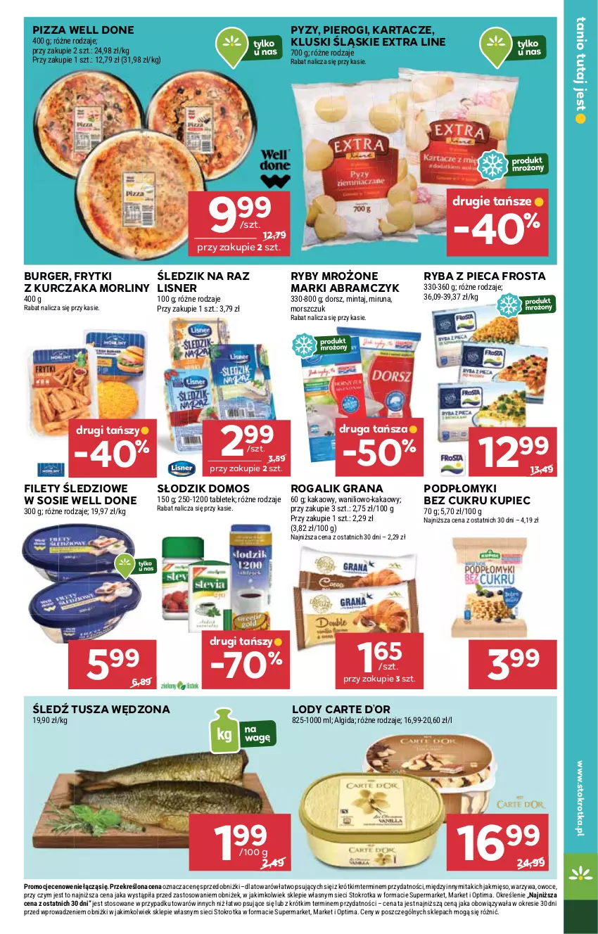 Gazetka promocyjna Stokrotka - Supermarket - ważna 29.01 do 04.02.2026 - strona 27 - produkty: Algida, Burger, Dorsz, Frosta, Frytki, Gra, Kakao, Kupiec, Kurczak, LG, Lisner, Lody, Mięso, Mintaj, Miruna, Morliny, Optima, Owoce, Piec, Pierogi, Pizza, Rogal, Ryba, Sos, Tablet, Tusz, Warzywa