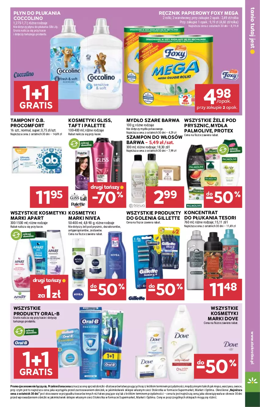 Gazetka promocyjna Stokrotka - Supermarket - ważna 29.01 do 04.02.2026 - strona 29 - produkty: Antyperspirant, Coccolino, Dezodorant, Dove, Foxy, Gillette, Gra, Mięso, Mydło, Nivea, O.B., Optima, Owoce, Palette, Palmolive, Papier, Płyn do płukania, Ręcznik, Rolki, Szampon, Taft, Tampony, Warzywa