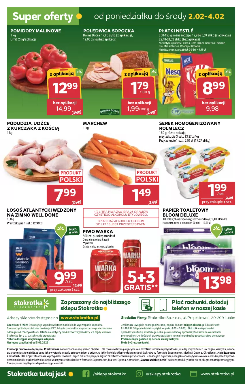 Gazetka promocyjna Stokrotka - Supermarket - ważna 29.01 do 04.02.2026 - strona 38 - produkty: Brownie, Cheerios, Cini Minis, Corn flakes, Dres, Gra, JBL, Kurczak, Mięso, Nestlé, O nas, Optima, Owoce, Papier, Papier toaletowy, Piwa, Piwo, Polędwica, Pomidory, Rolmlecz, Ser, Serek, Serek homogenizowany, Telefon, Wagi, Warka, Warzywa