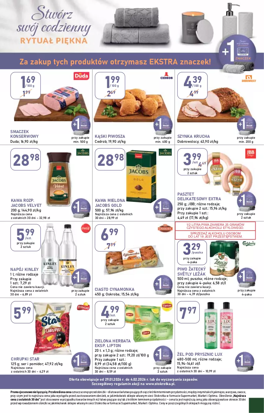 Gazetka promocyjna Stokrotka - Supermarket - ważna 29.01 do 04.02.2026 - strona 9 - produkty: Chrupki, Duda, Gra, Herbata, Jacobs, Jacobs Velvet, Kawa, Kawa mielona, Lipton, Mięso, Napój, Optima, Owoce, Pasztet, Piwa, Piwo, Ser, Szynka, Velvet, Warzywa