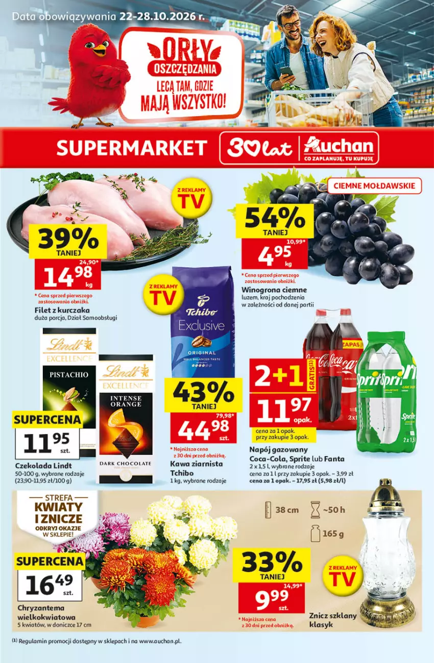 Gazetka promocyjna Auchan - 30 Lat Supermarket - ważna 22.10 do 28.10.2026 - strona 1 - produkty: Chryzantema, Coca-Cola, Czekolada, Fa, Fanta, Gin, Kurczak, Lindt, Napój, Napój gazowany, Por, Sprite, Tchibo, Wino, Winogrona, Znicz