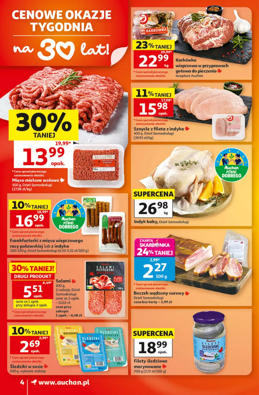 Gazetka promocyjna Auchan - 30 Lat Supermarket - ważna 22.10 do 28.10.2026 - strona 4 - produkty: Boczek, Frankfurterki, Piec, Salami, Sos