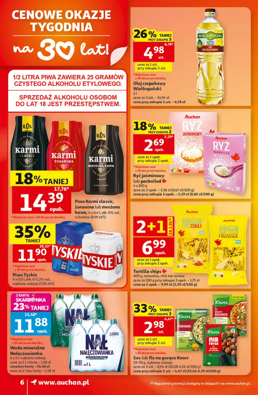Gazetka promocyjna Auchan - 30 Lat Supermarket - ważna 22.10 do 28.10.2026 - strona 6 - produkty: Gra, Karmi, Nałęczowianka, Piwa, Piwo, Ryż, Ser, Tortilla, Tortilla Chips, Tyskie, Woda, Woda mineralna