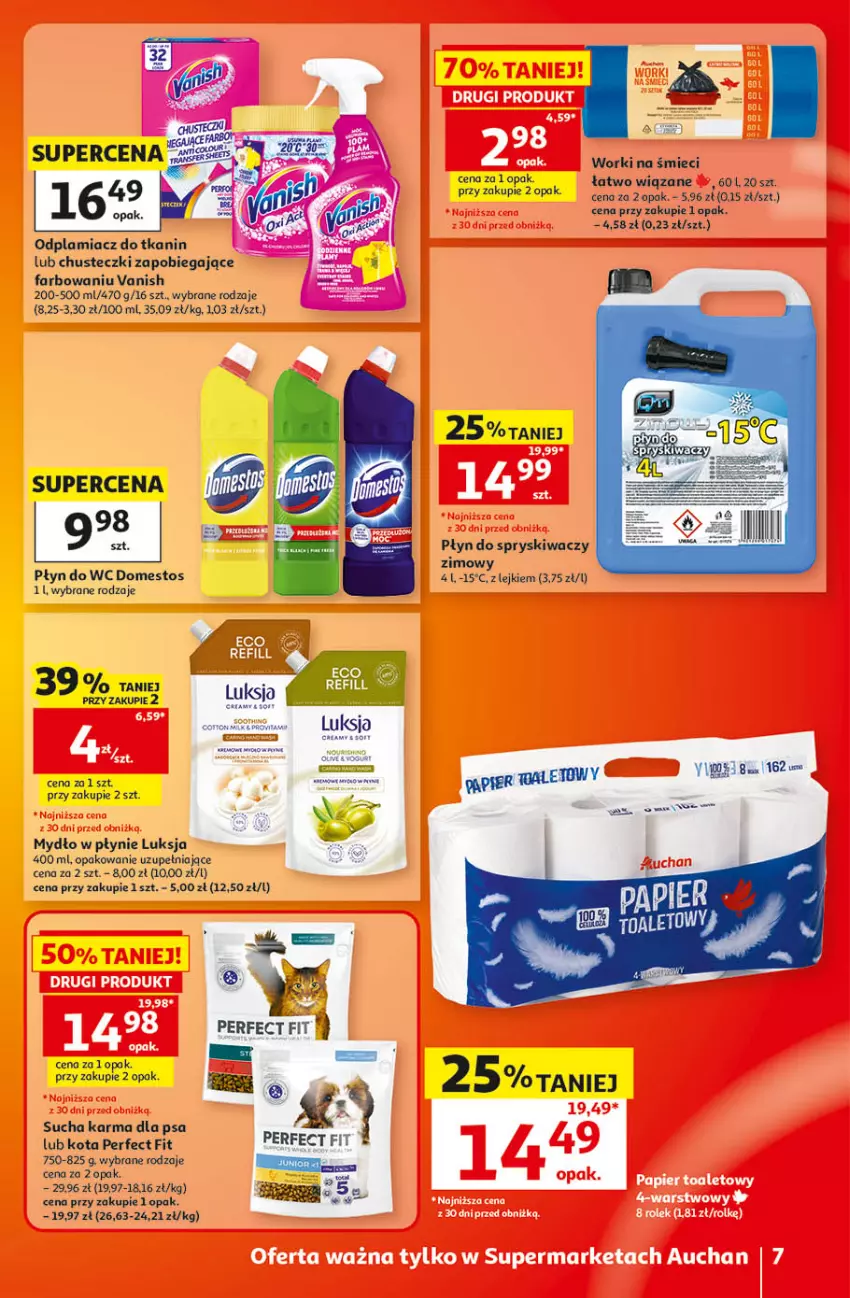 Gazetka promocyjna Auchan - 30 Lat Supermarket - ważna 22.10 do 28.10.2026 - strona 7 - produkty: Chusteczki, Domestos, Fa, Luksja, Mydło, Mydło w płynie, Płyn do spryskiwaczy, Płyn do wc, Sucha karma, Vanish, Worki na śmiec, Worki na śmieci