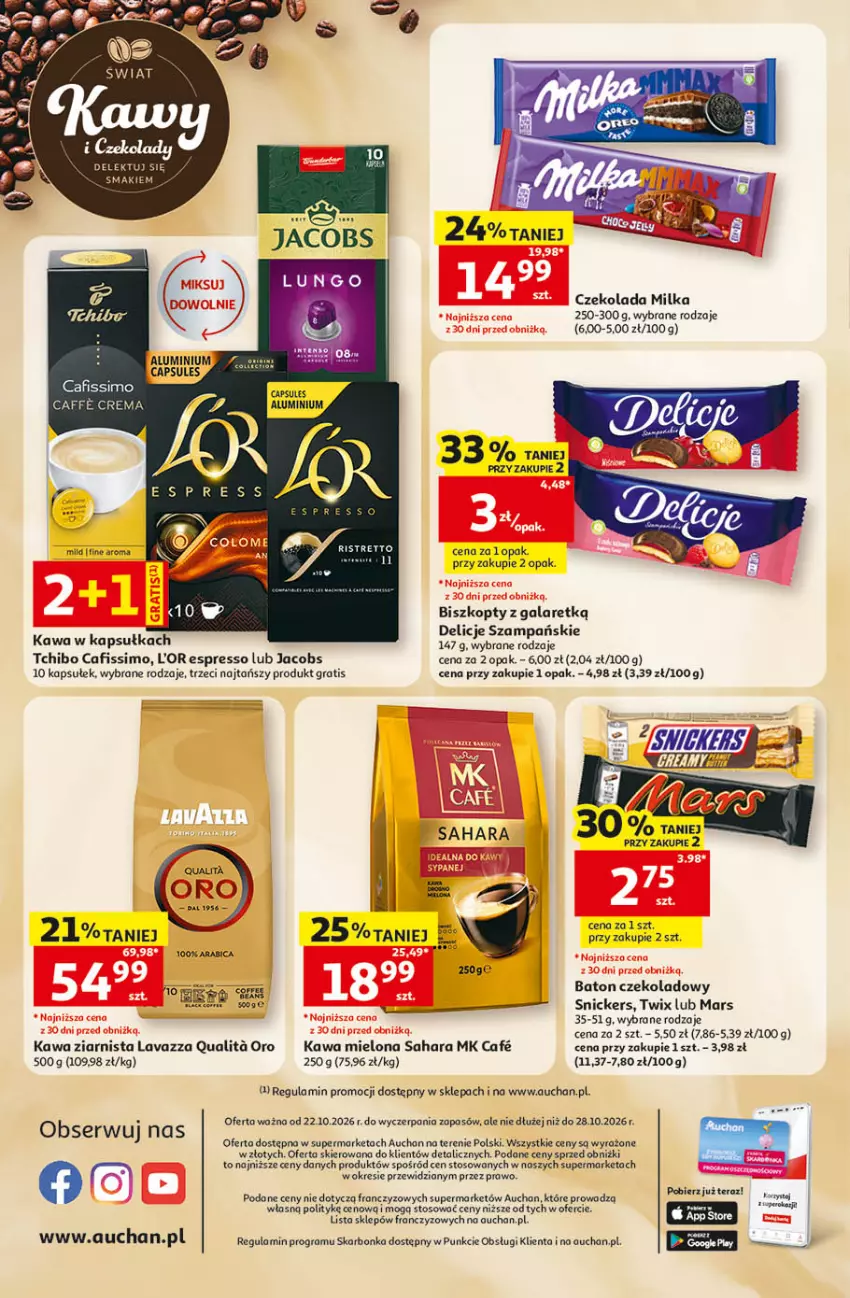 Gazetka promocyjna Auchan - 30 Lat Supermarket - ważna 22.10 do 28.10.2026 - strona 8 - produkty: Baton, BIC, Biszkopty, Cafissimo, Czekolada, Delicje, Gala, Gra, Jacobs, Kawa, Kawa mielona, Kawa ziarnista, Lavazza, Mars, Milka, Ser, Snickers, Tchibo, Tera, Twix