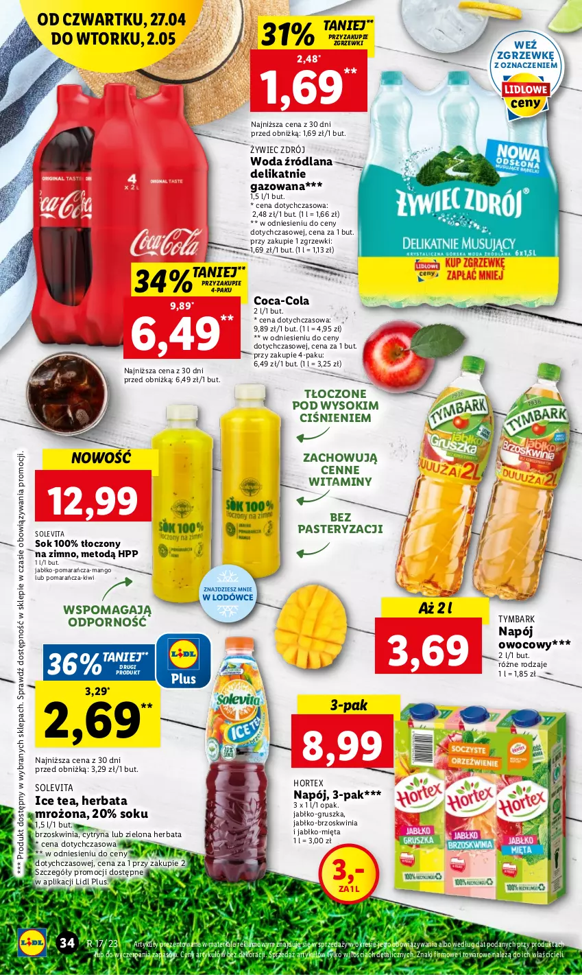 Gazetka promocyjna Lidl - GAZETKA - ważna 27.04 do 02.05.2023 - strona 38 - produkty: Coca-Cola, Herbata, Hortex, HP, Ice tea, Kiwi, LANA, Mango, Mięta, Napój, Por, Sok, Tymbark, Woda