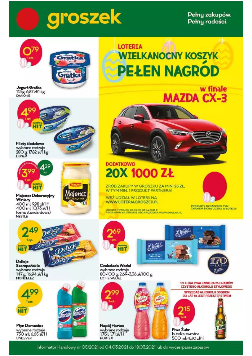 Gazetka promocyjna Groszek - ważna 04.03 do 18.03.2021 - strona 1 - produkty: Czekolada, Danone, Delicje, Domestos, Gra, Groszek, Hortex, Kosz, Majonez, Mola, Napój, Piwo