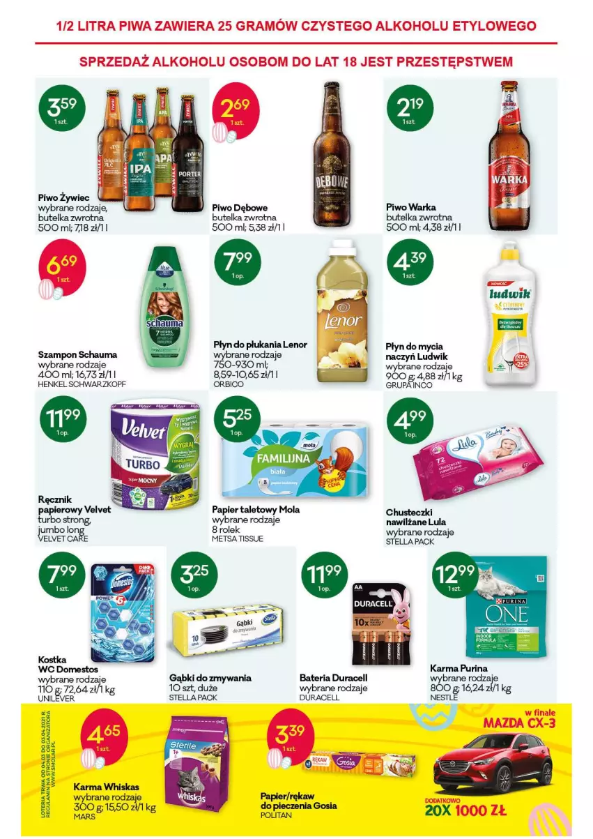 Gazetka promocyjna Groszek - ważna 04.03 do 18.03.2021 - strona 11 - produkty: Bateria, BIC, Chusteczki, Domestos, Duracell, Gra, Lenor, Ludwik, Mola, Papier, Piwa, Piwo, Płyn do mycia, Płyn do płukania, Pur, Purina, Schauma, Schwarzkopf, Szampon, Velvet, Warka, Whiskas