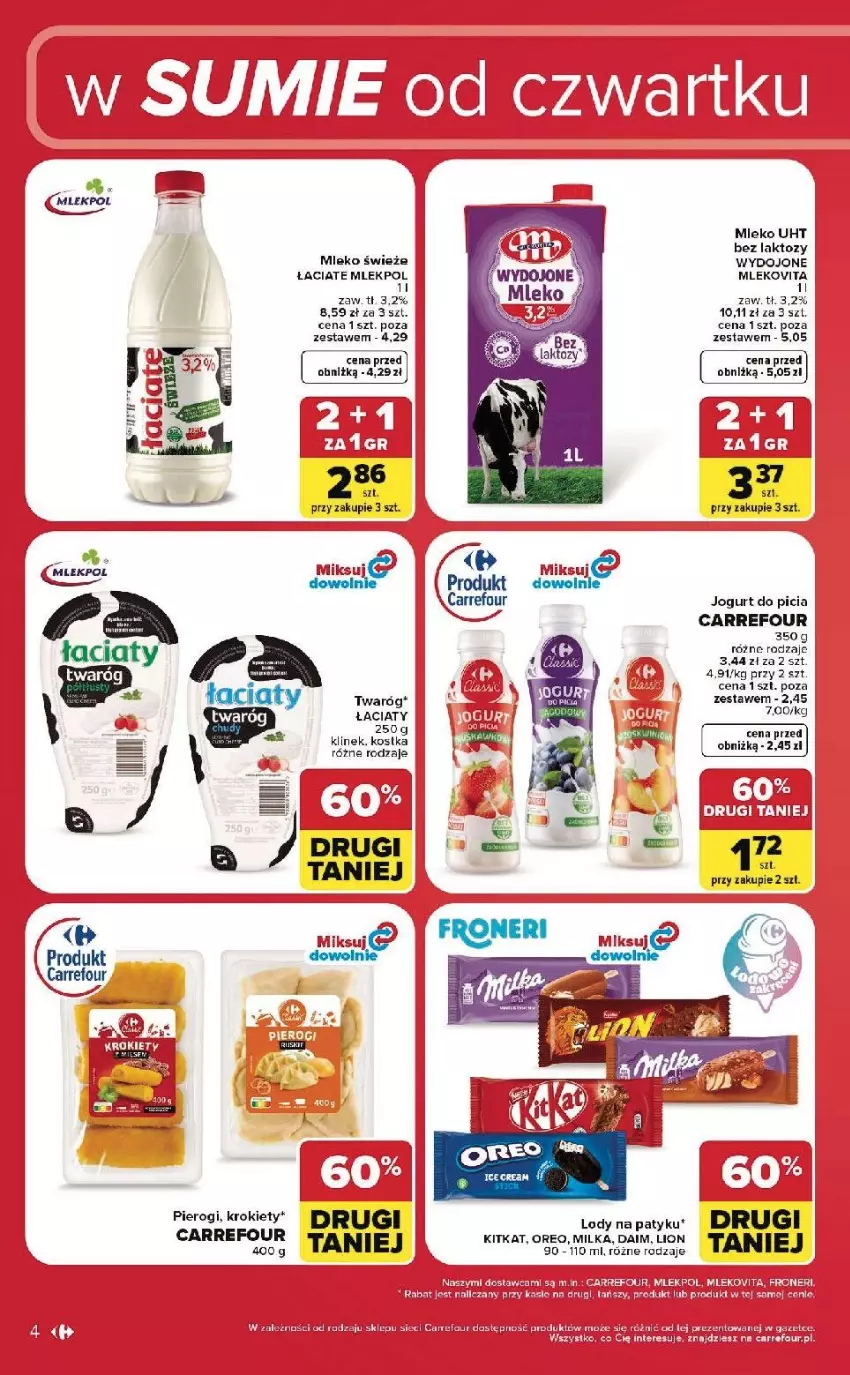 Gazetka promocyjna Carrefour - Gazetka Carrefour, Market w SUMIE od czwartku WEEKEND OKAZJI - ważna 25.06 do 28.06.2026 - strona 4 - produkty: Fa, Jogurt, Krokiety, Lion, Milka, Mleko, Pierogi, Twaróg