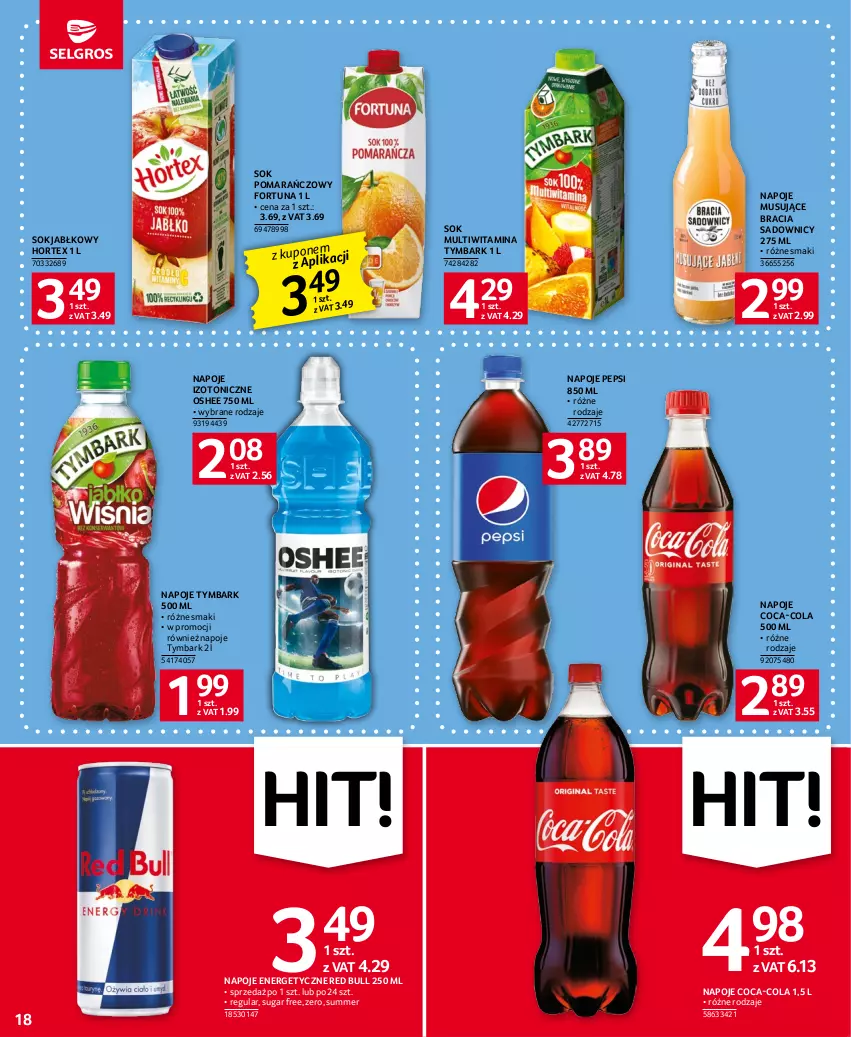 Gazetka promocyjna Selgros - Oferta spożywcza - ważna 29.06 do 12.07.2023 - strona 18 - produkty: Coca-Cola, Fortuna, Hortex, Mus, Napoje, Oshee, Pepsi, Red Bull, Sok, Sok jabłkowy, Sok pomarańczowy, Tymbark